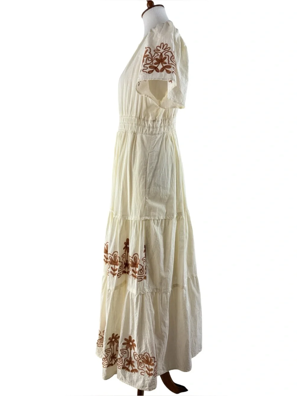 Polagram Cream & Brown Embroidered Notch Neck Short Sleeve Maxi Dress